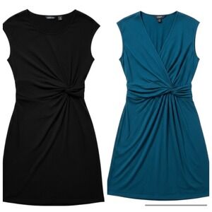 Land's End Womens Side Knot Midi Dress Medium Black Teal Stretch Casual Soft